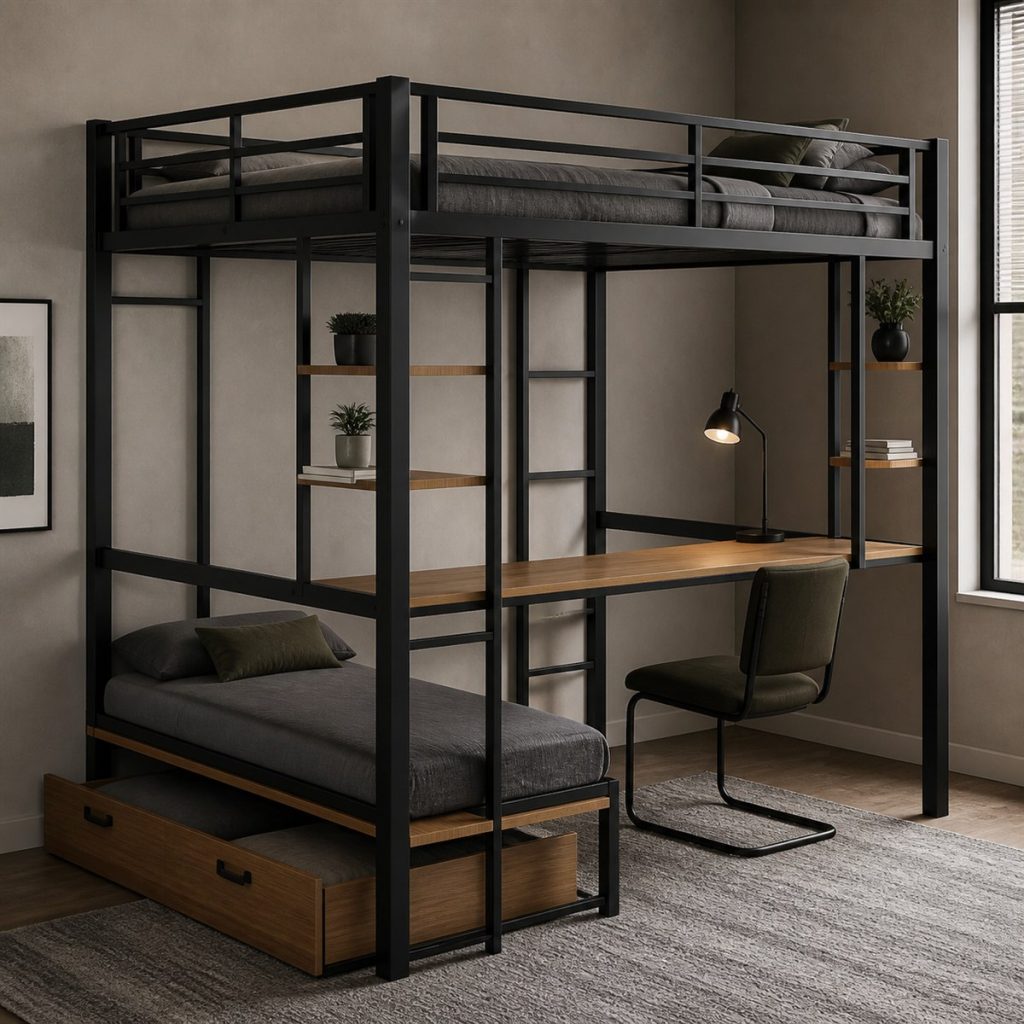 Black loft bed frame with desk and wood-front trundle