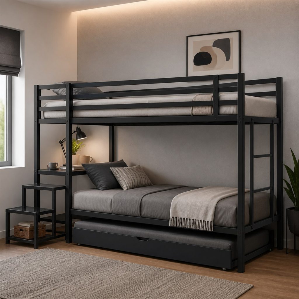 Charcoal bunk bed frame with a broad lower drawer