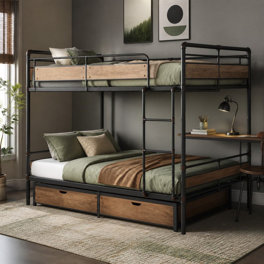 Black metal bunk bed frame with warm wood storage drawers