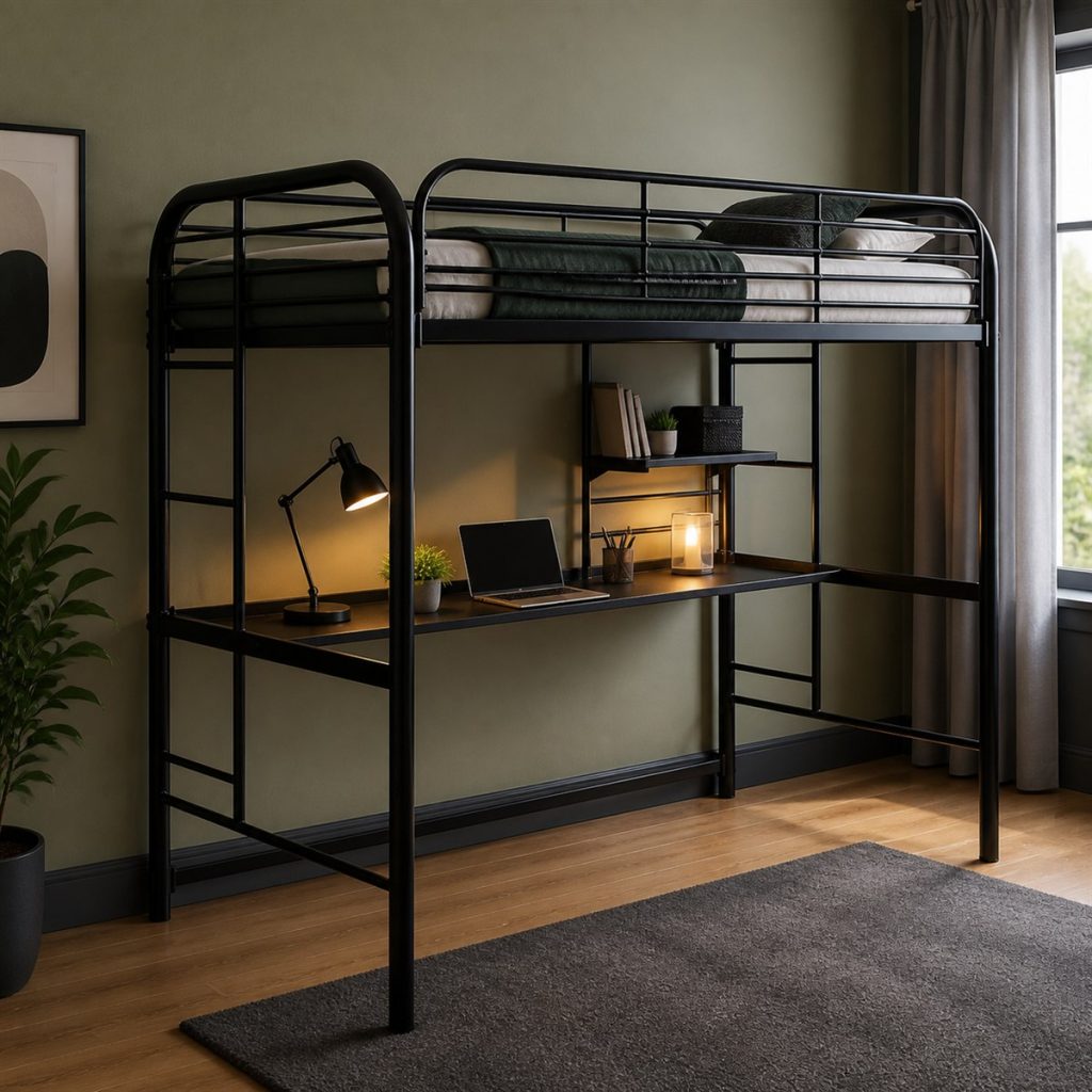 Rounded black metal loft bed frame with workstation below