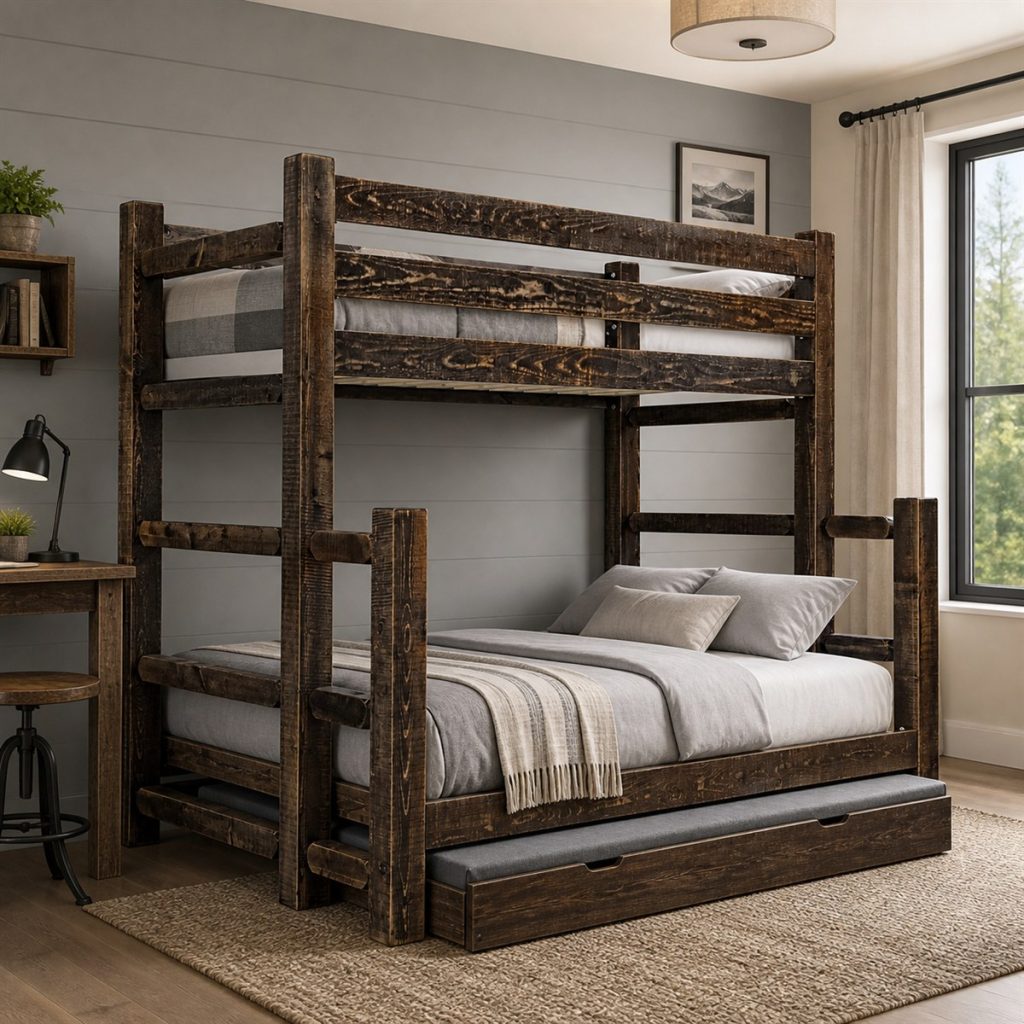 Rustic dark wood bunk bed frame with substantial posts