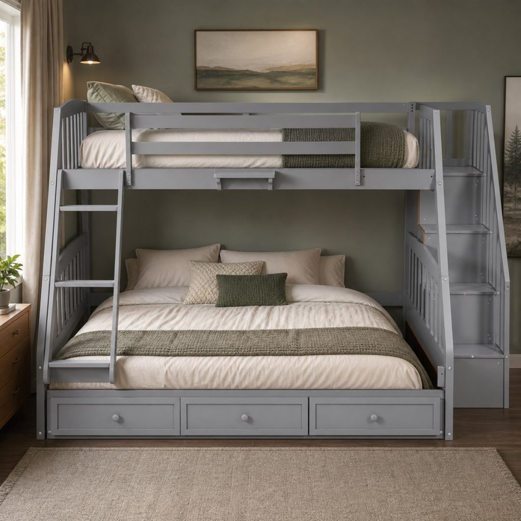 Gray wood bunk bed frame with storage stairs and drawers