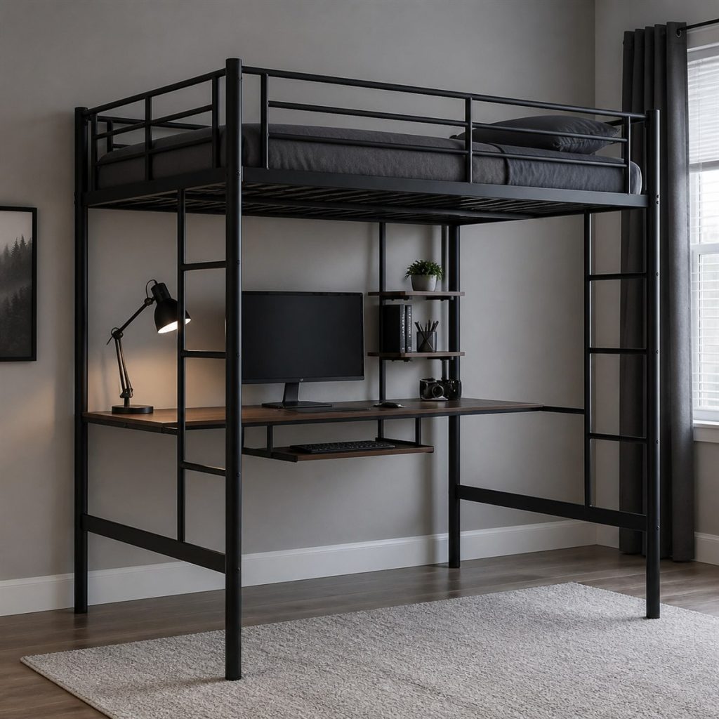 Black metal loft bed frame with minimalist office below