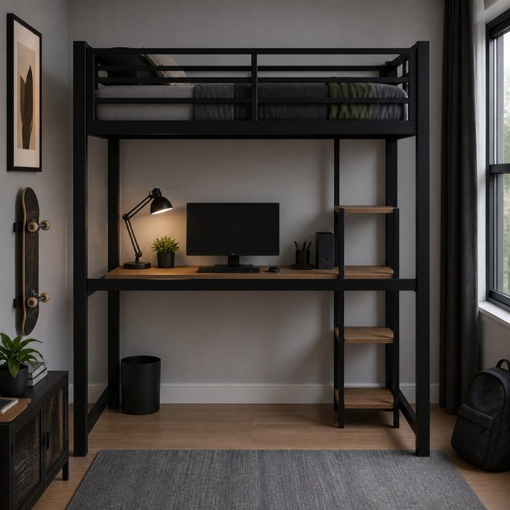 Black loft bed frame with desk and narrow side shelves