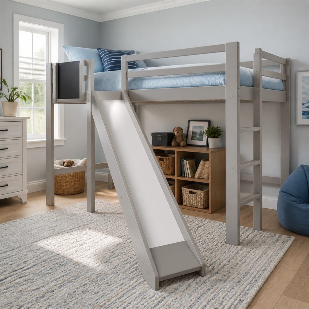 Natural Oak Loft with Compact Desk shown in a square photorealistic modern bunk bed room visualization