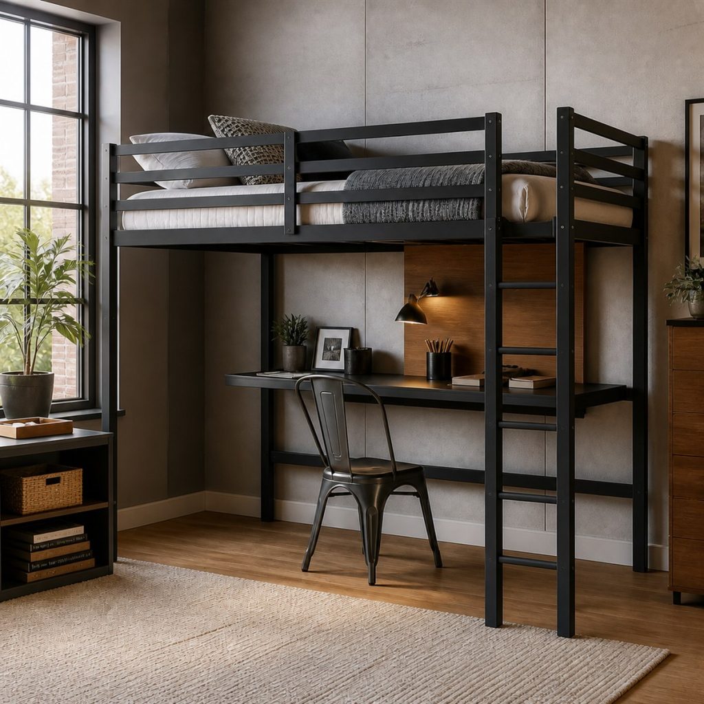 Espresso Twin Bunk with Angled Ladder shown in a square photorealistic modern bunk bed room visualization