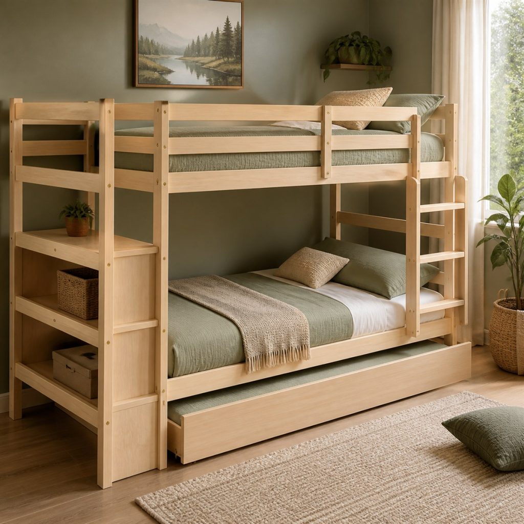 Soft Gray Loft with Reading Space shown in a square photorealistic modern bunk bed room visualization