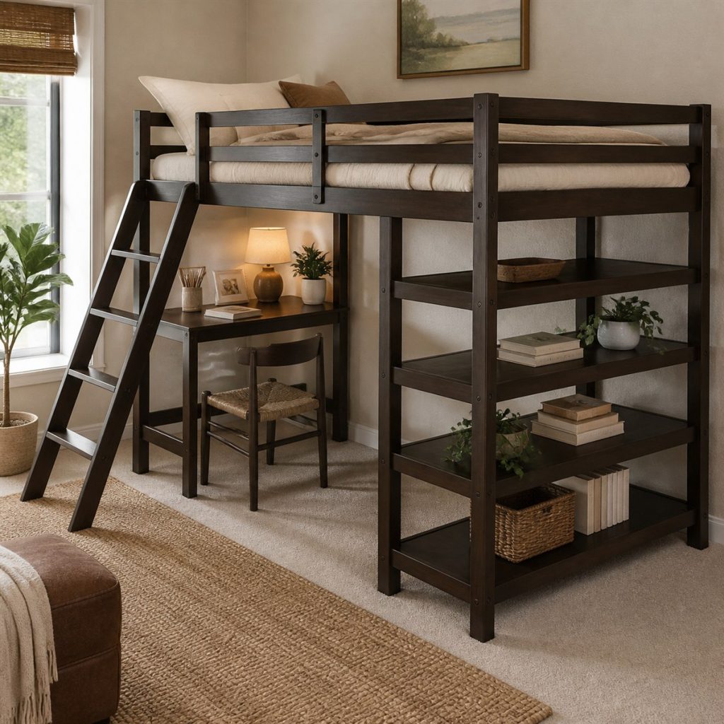 Charcoal Storage-Stair Loft Bed shown in a square photorealistic modern bunk bed room visualization