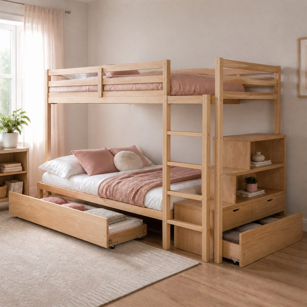 Black Metal Loft with Workstation shown in a square photorealistic modern bunk bed room visualization