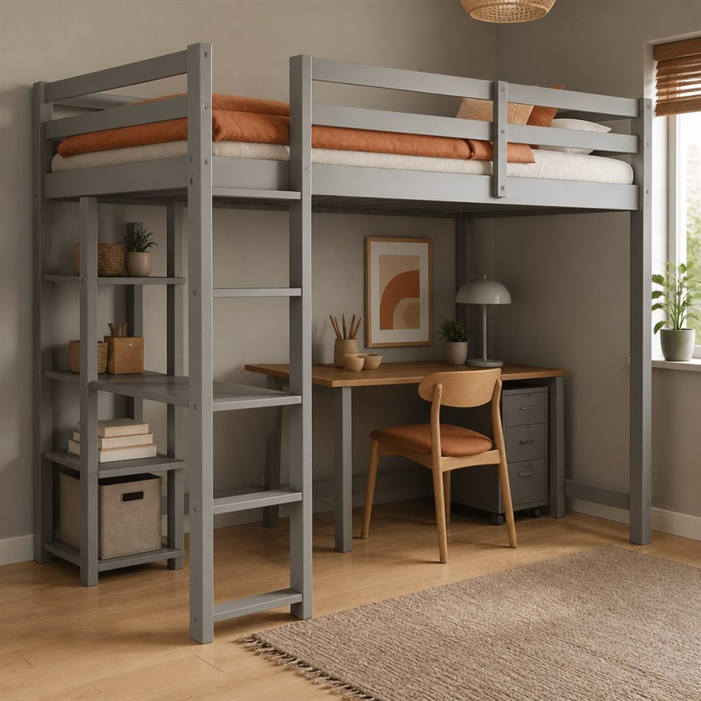 Navy Storage Bunk with Guest Bed shown in a square photorealistic modern bunk bed room visualization