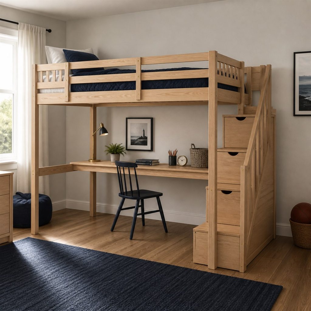 Greige Loft with Shelves and Desk shown in a square photorealistic modern bunk bed room visualization