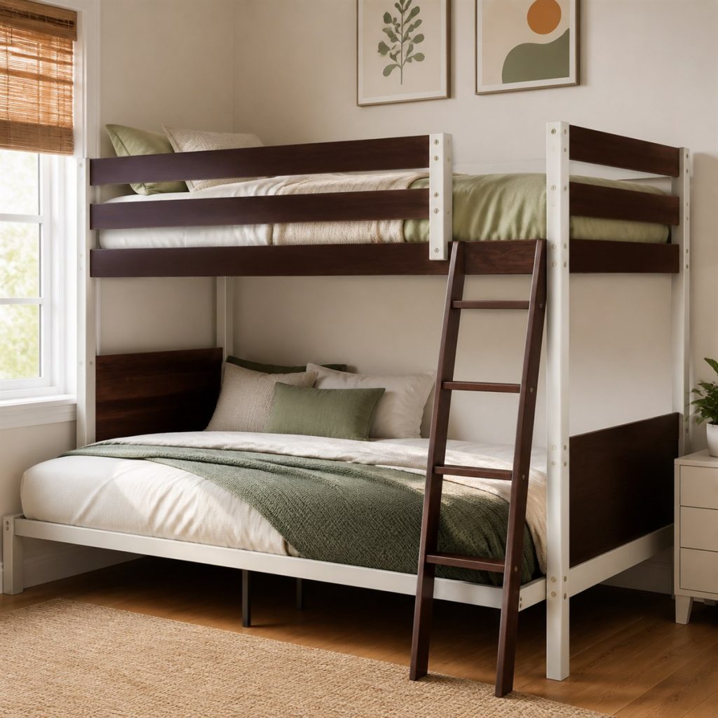 Honey Oak Bunk for a Warm Shared Room shown in a square photorealistic modern bunk bed room visualization
