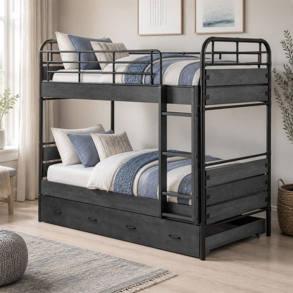 Graphite metal bunk bed with lower drawers and blue bedding