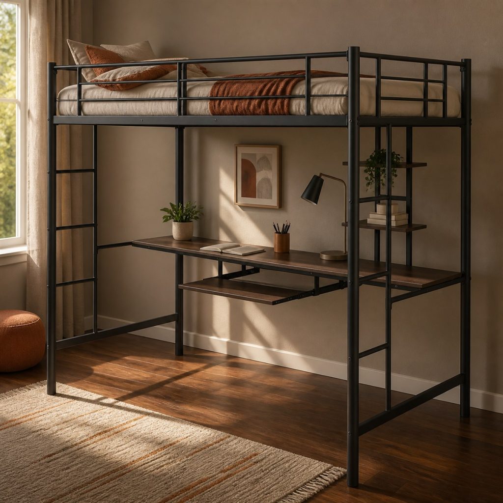 Black metal loft bed with desk and open shelves below
