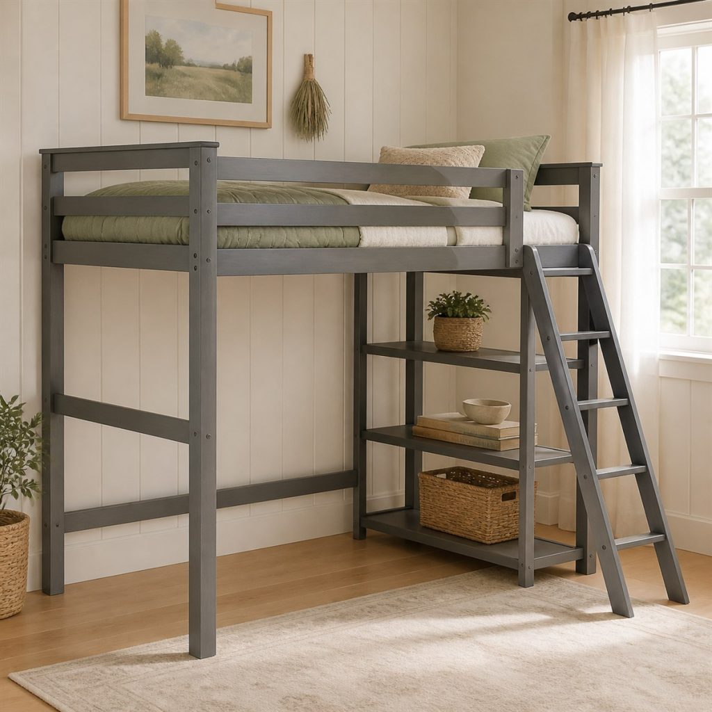 Soft gray loft bed with angled ladder and side shelving