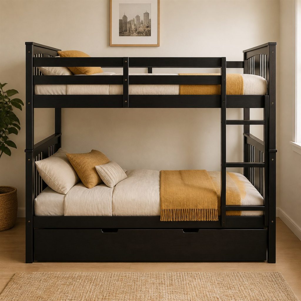 Charcoal twin bunk bed with a deep pull-out base drawer