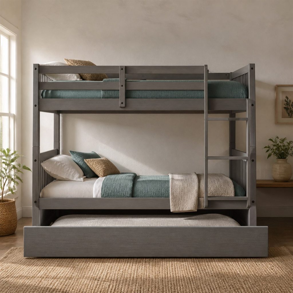Medium gray twin bunk bed with a pull-out trundle mattress