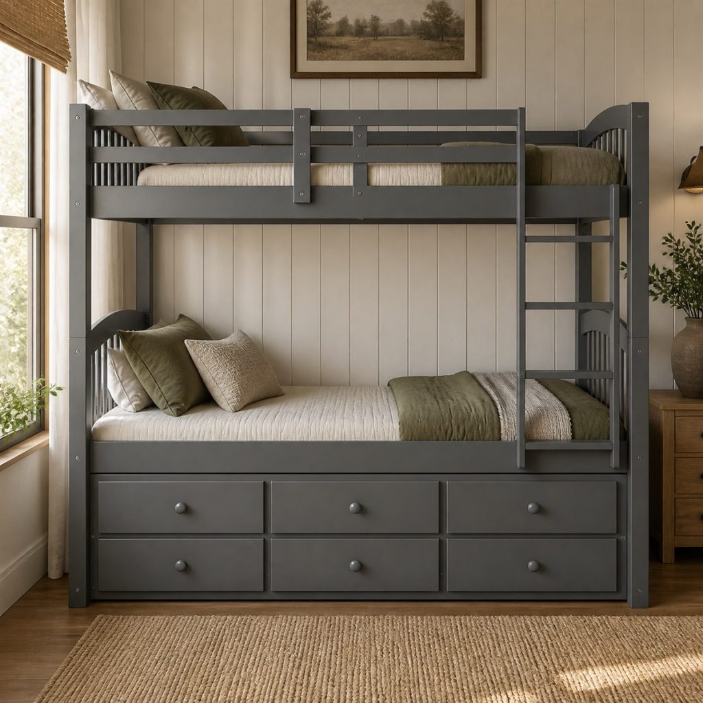 Dark gray bunk bed with six built-in storage drawers