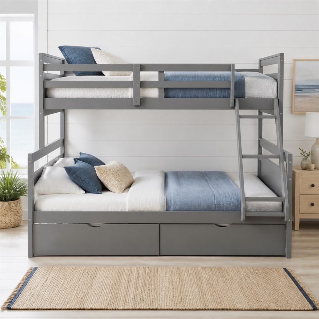 Pale gray bunk bed with two wide drawers beneath the lower bed