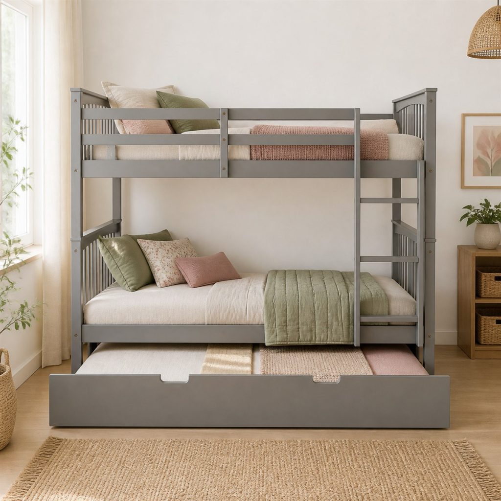 Light gray bunk bed with a guest trundle pulled forward