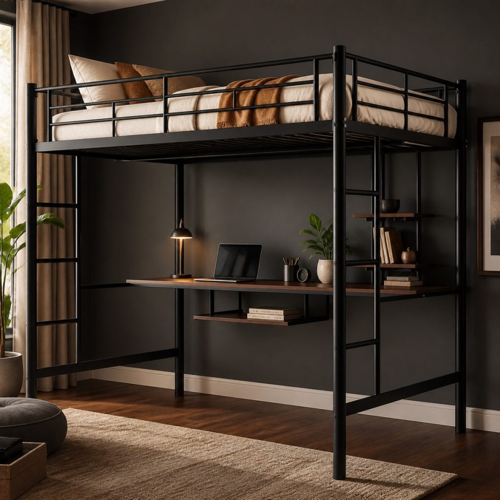 Black metal loft bed with a full-width office desk below