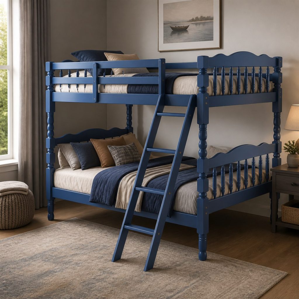 Navy Blue Bunk with Front Ladder shown in a square photorealistic modern wood and metal bunk bed room visualization