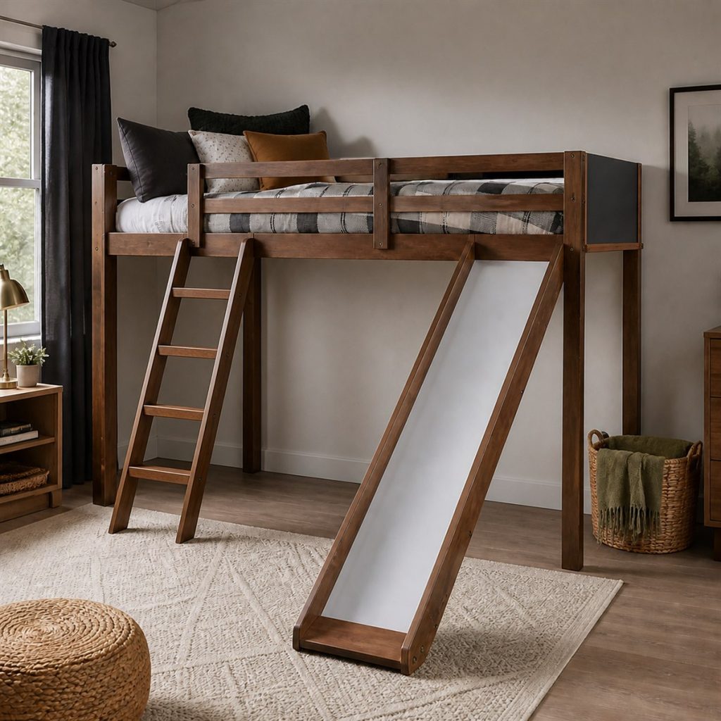 Walnut Loft with Separate Ladder and Slide shown in a square photorealistic modern wood and metal bunk bed room visualization