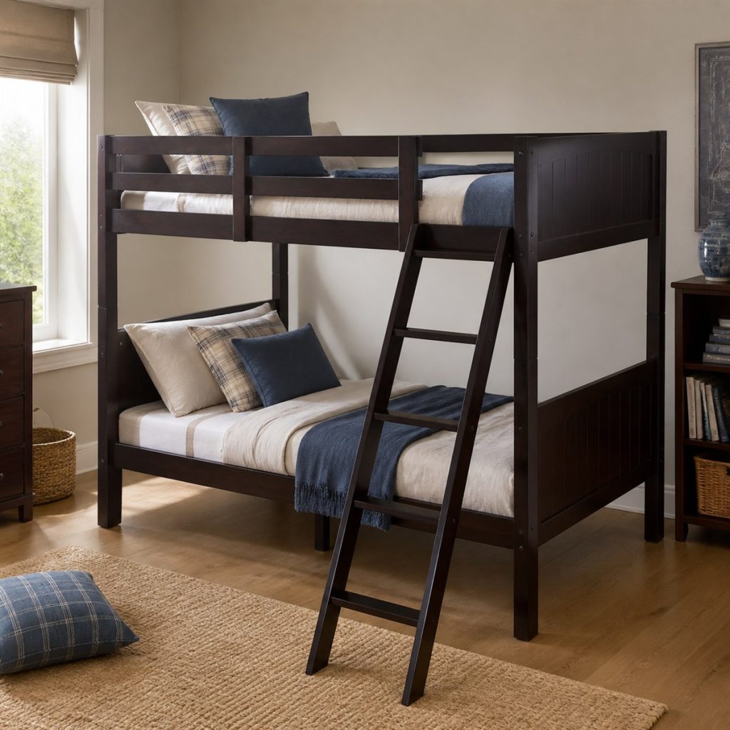 Espresso Twin Bunk with Angled Access shown in a square photorealistic modern wood and metal bunk bed room visualization