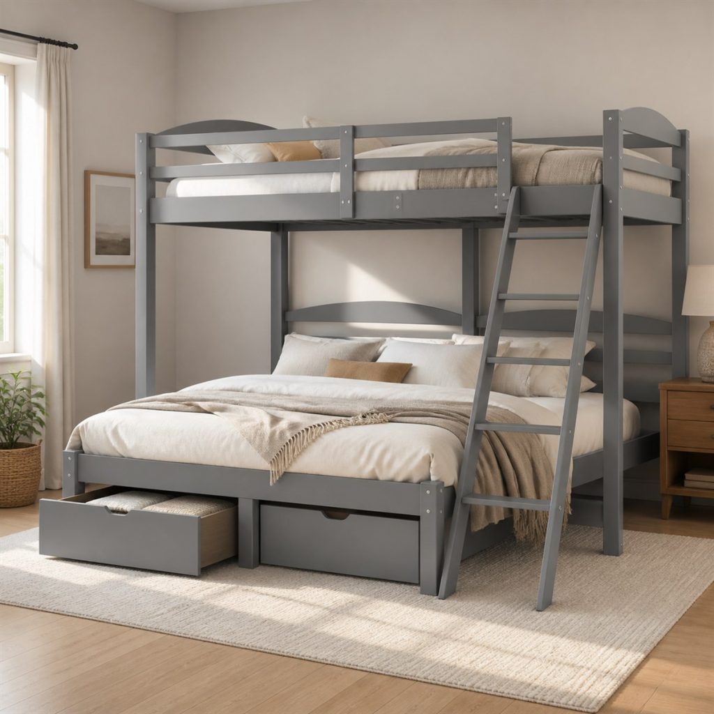 Light Gray Storage Twin-over-Full shown in a square photorealistic modern wood and metal bunk bed room visualization