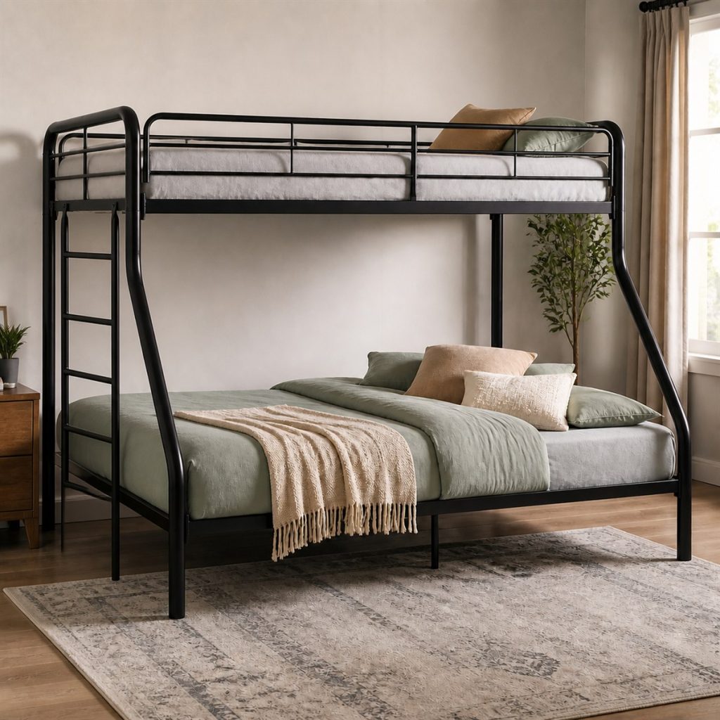 Black Metal Twin-over-Full with Center Leg shown in a square photorealistic modern wood and metal bunk bed room visualization