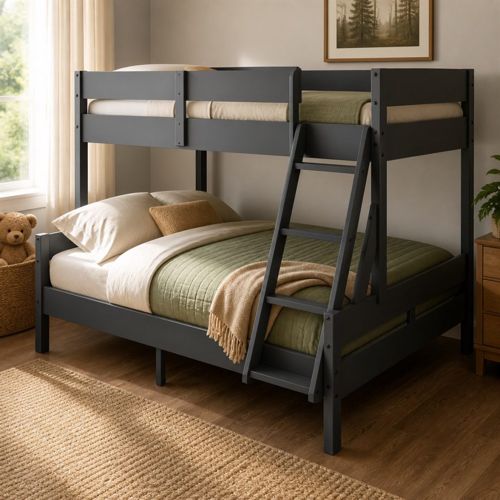 Charcoal Bunk with Wide Lower Bed shown in a square photorealistic modern wood and metal bunk bed room visualization