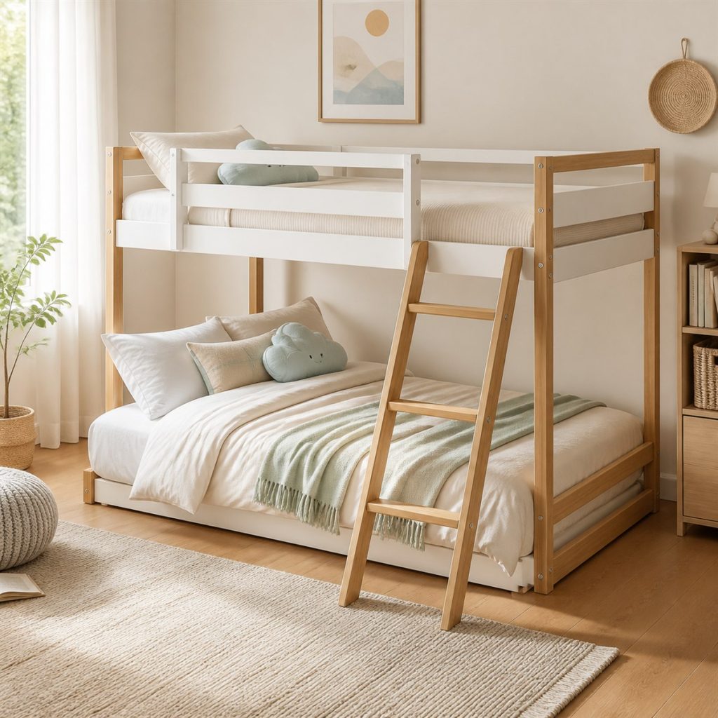 White and Natural Wood Storage Bunk shown in a square photorealistic modern wood and metal bunk bed room visualization