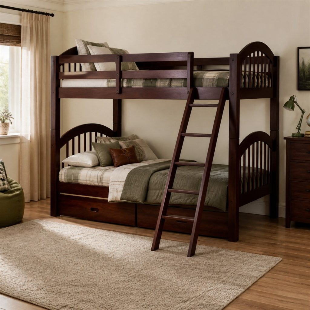 Mahogany Twin Bunk with Traditional Ends shown in a square photorealistic modern wood and metal bunk bed room visualization