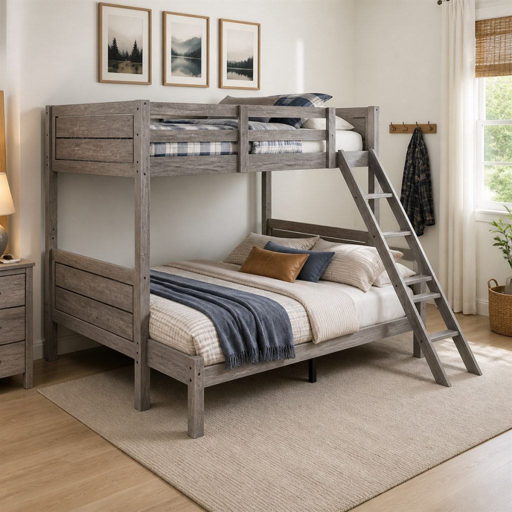 Weathered Gray Twin-over-Full Frame shown in a square photorealistic modern wood and metal bunk bed room visualization