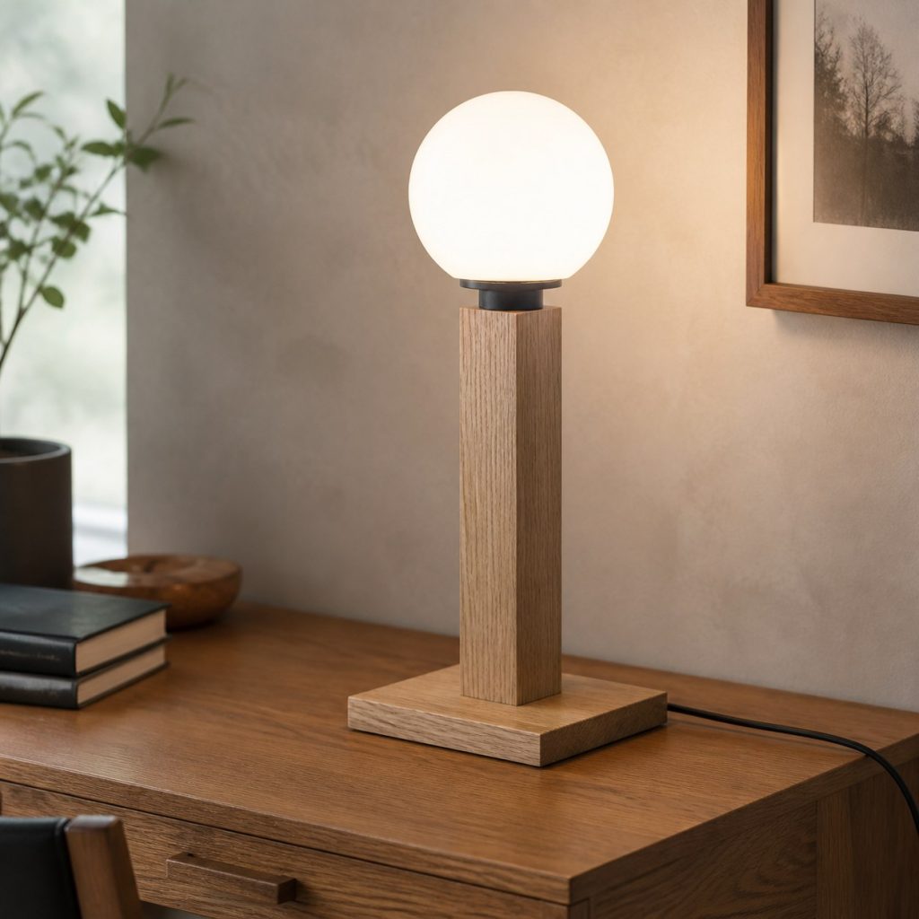 White-Oak Globe Column Lamp shown as a square photorealistic original modern wooden table lamp with warm LED light and visible real wood grain