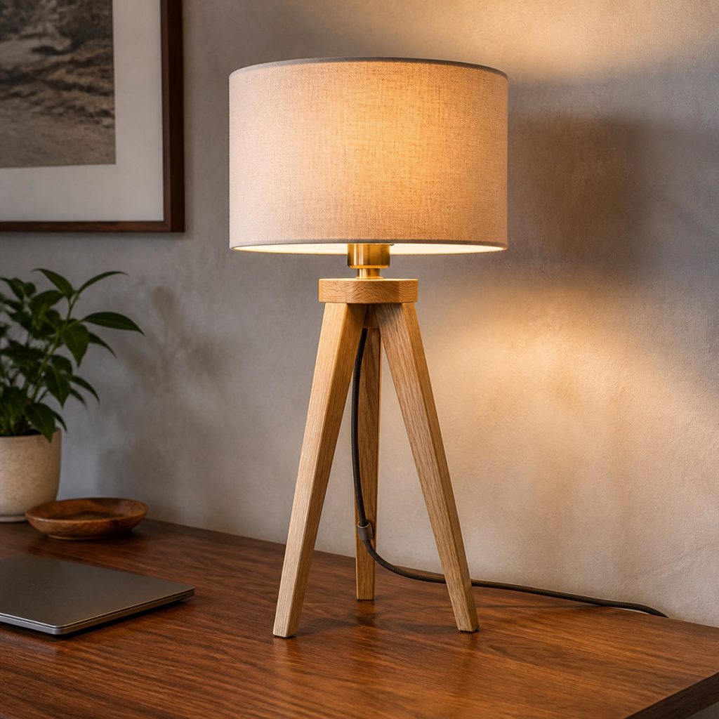 Ash Tripod Table Lamp shown as a square photorealistic original modern wooden table lamp with warm LED light and visible real wood grain