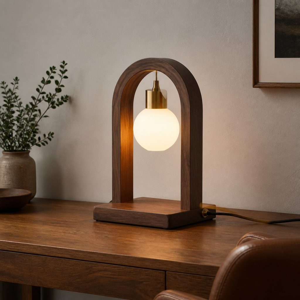 Walnut Arch Globe Lamp shown as a square photorealistic original modern wooden table lamp with warm LED light and visible real wood grain