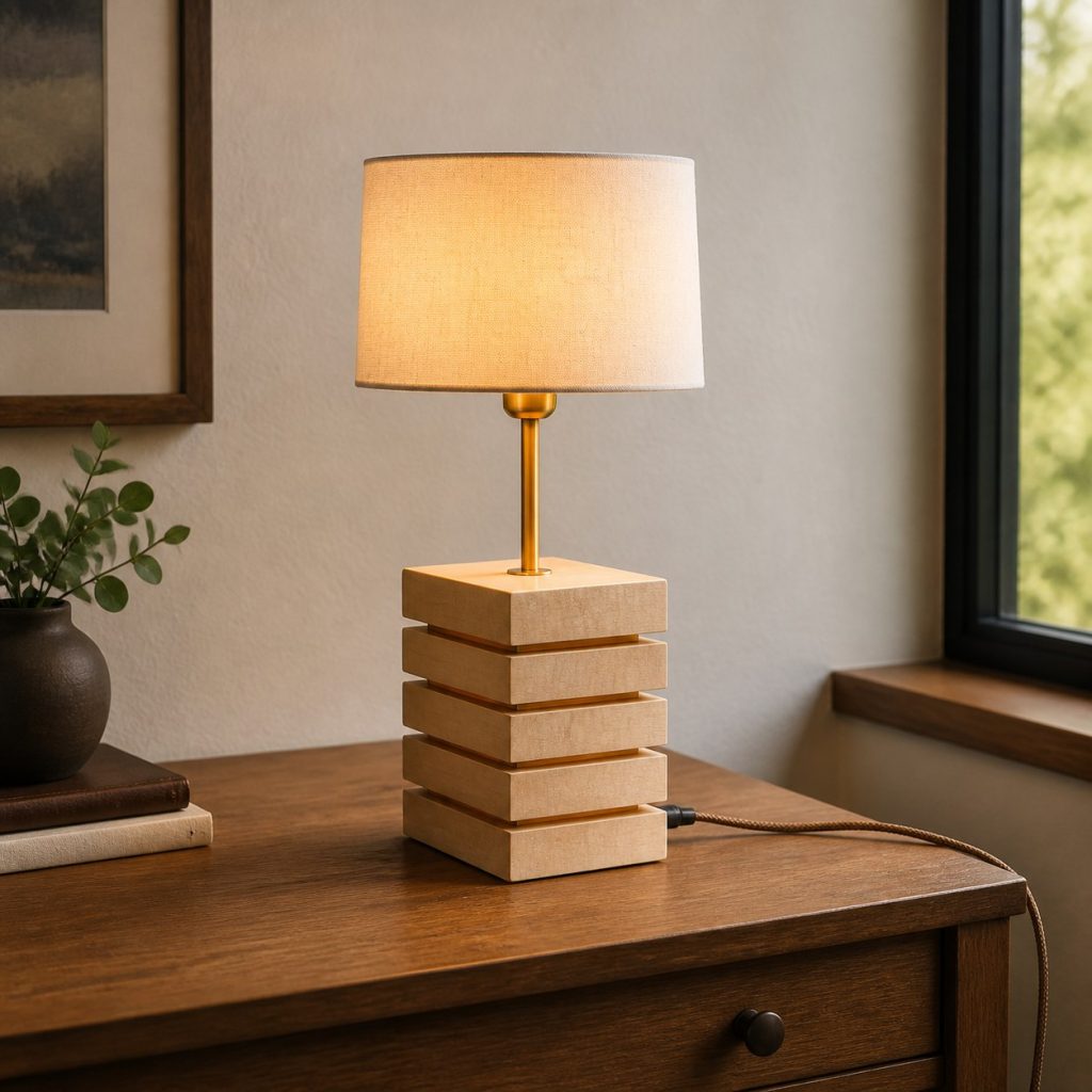 Stacked Maple Block Lamp shown as a square photorealistic original modern wooden table lamp with warm LED light and visible real wood grain