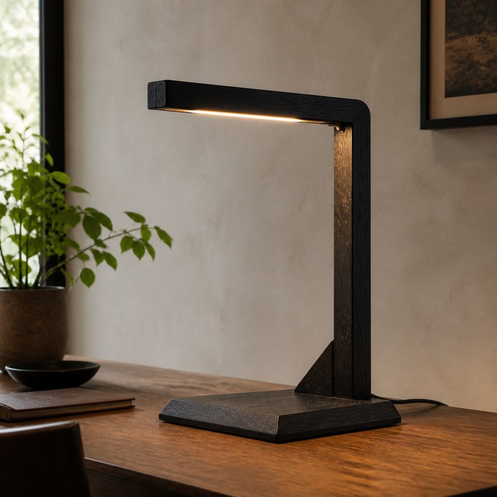 Blackened-Oak Cantilever Lamp shown as a square photorealistic original modern wooden table lamp with warm LED light and visible real wood grain