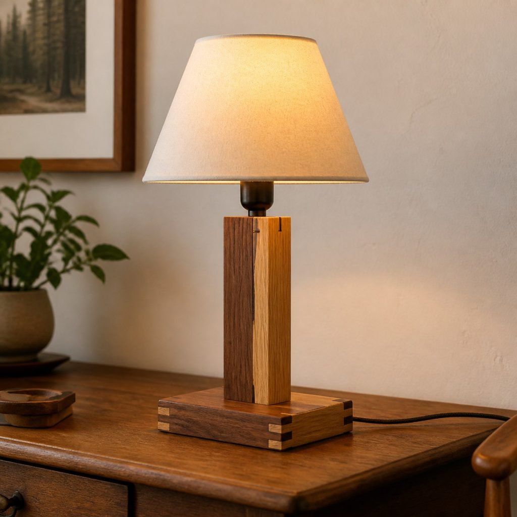 Two-Tone Dovetailed Base Lamp shown as a square photorealistic original modern wooden table lamp with warm LED light and visible real wood grain