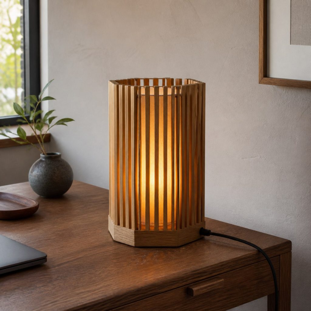 Slatted Oak Lantern Lamp shown as a square photorealistic original modern wooden table lamp with warm LED light and visible real wood grain