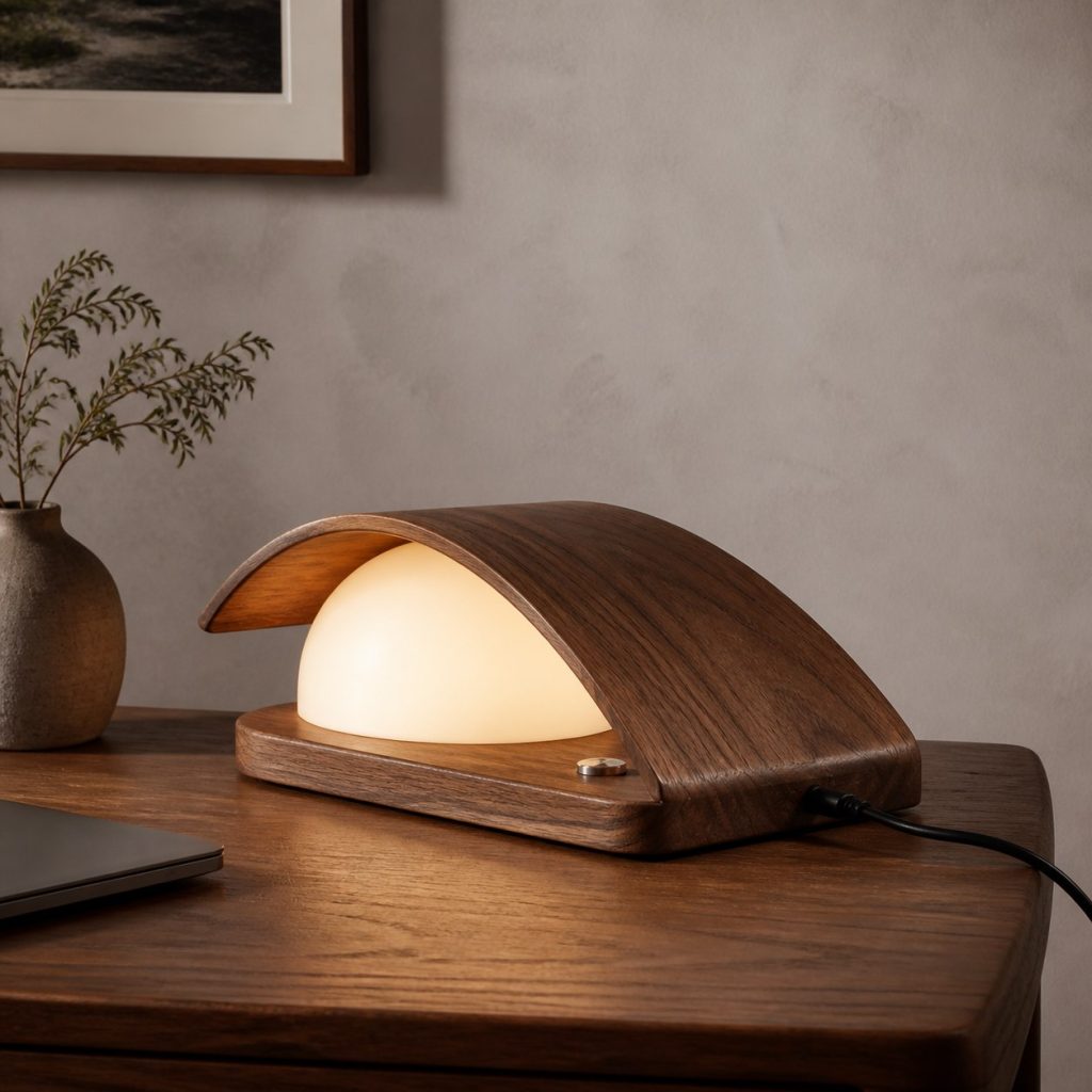Low Walnut Bedside Lamp shown as a square photorealistic original modern wooden table lamp with warm LED light and visible real wood grain