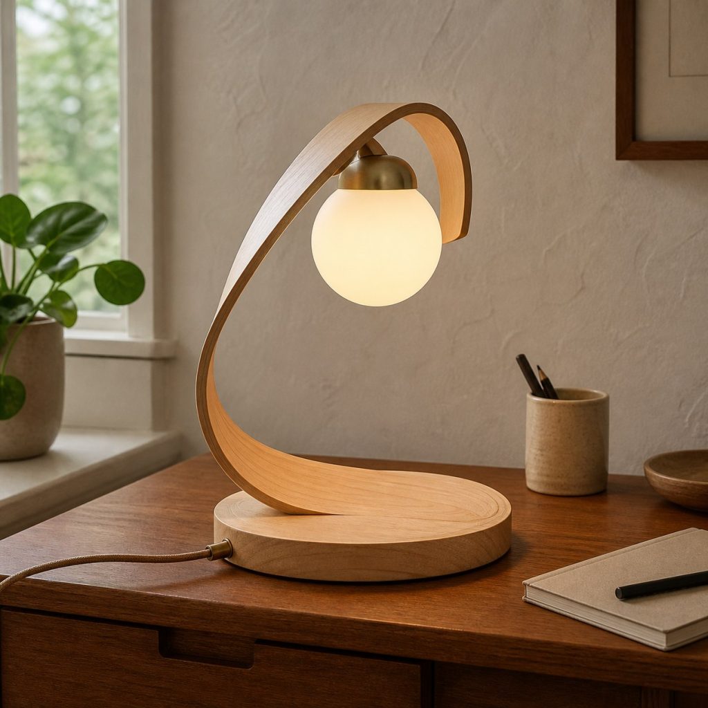 Sculptural Maple Ribbon Lamp shown as a square photorealistic original modern wooden table lamp with warm LED light and visible real wood grain