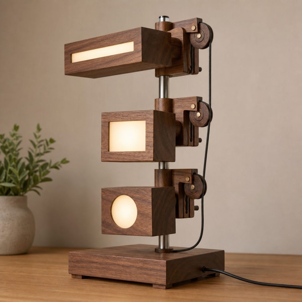 Rotating Walnut Module Lamp shown as an original square photorealistic modular wooden lamp with believable joinery, warm diffused light, and protected hardware