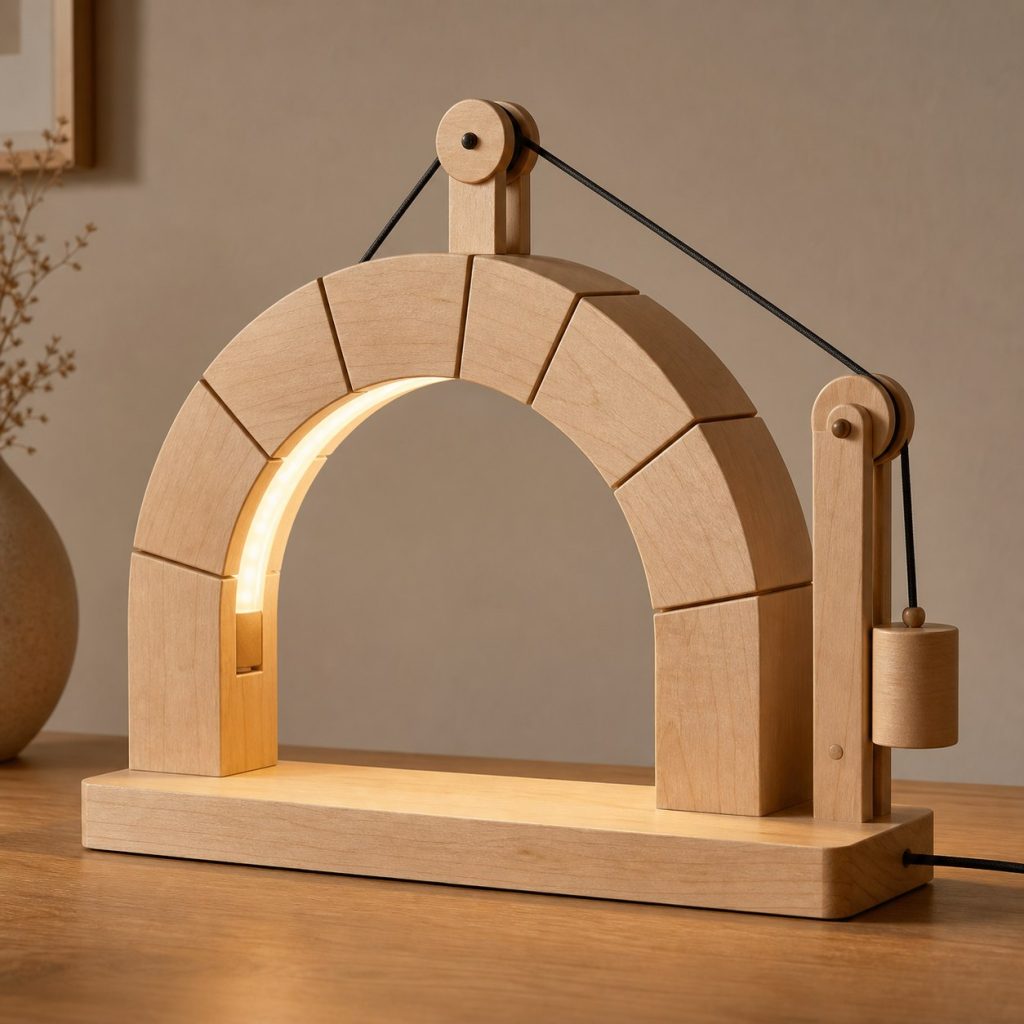 Maple Wedge-Arch Lamp shown as an original square photorealistic modular wooden lamp with believable joinery, warm diffused light, and protected hardware