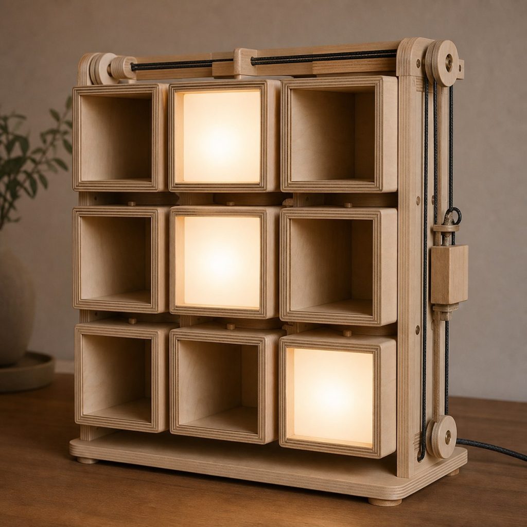 Plywood Grid-Cell Lamp shown as an original square photorealistic modular wooden lamp with believable joinery, warm diffused light, and protected hardware