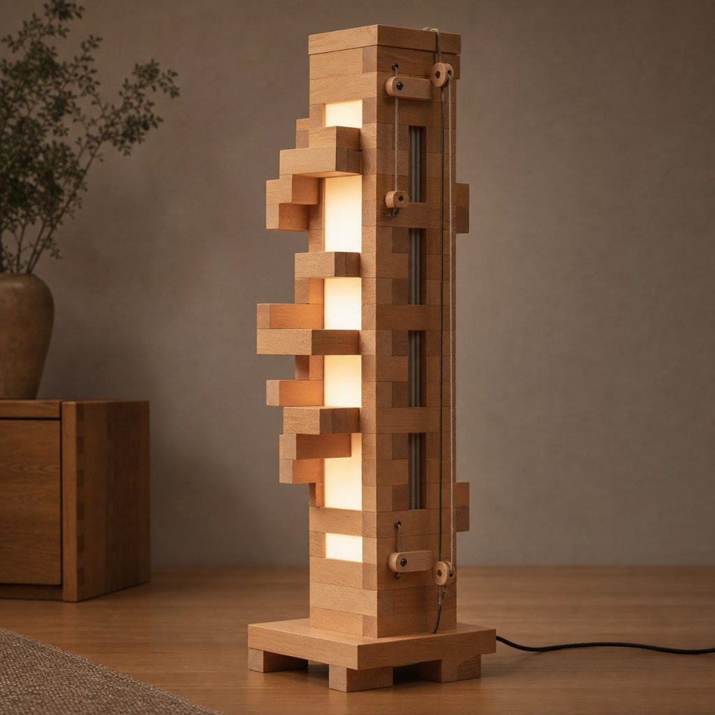 Beech Cross-Lap Block Lamp shown as an original square photorealistic modular wooden lamp with believable joinery, warm diffused light, and protected hardware