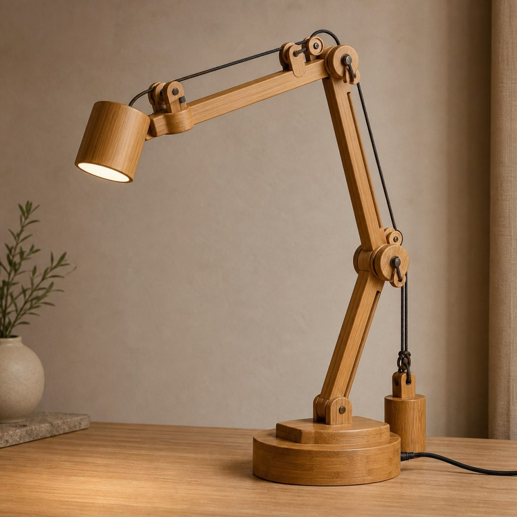 Bamboo Plug-In Arm Lamp shown as an original square photorealistic modular wooden lamp with believable joinery, warm diffused light, and protected hardware