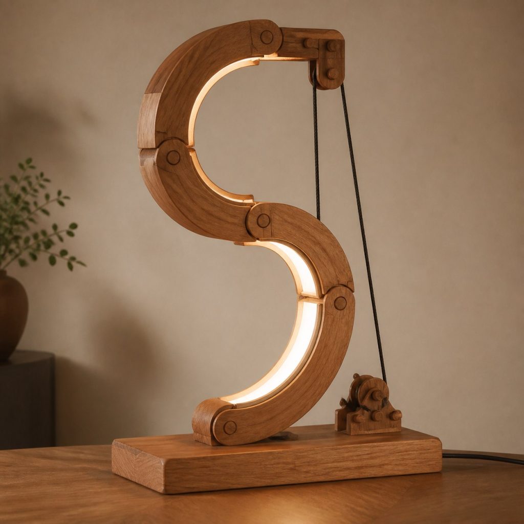 Cherry Quarter-Circle Lamp shown as an original square photorealistic modular wooden lamp with believable joinery, warm diffused light, and protected hardware