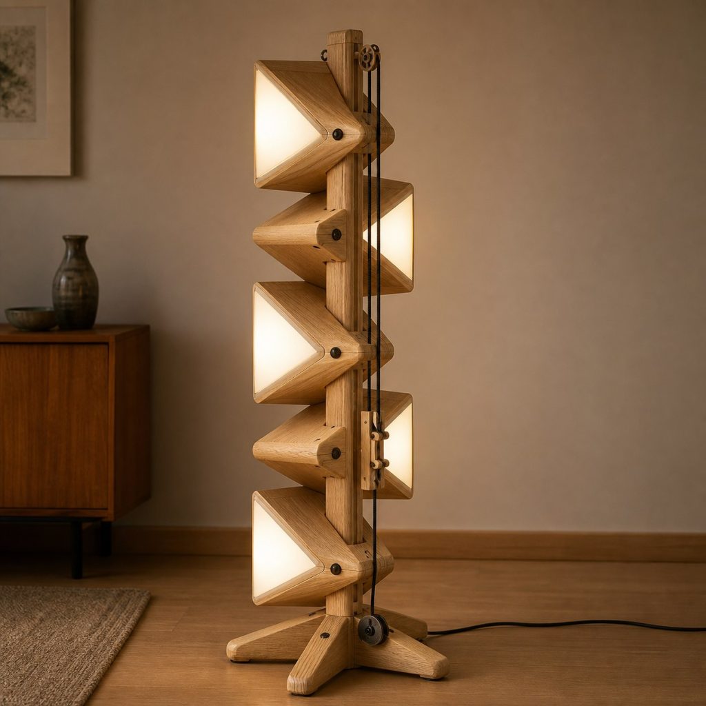 Ash Triangular Prism Lamp shown as an original square photorealistic modular wooden lamp with believable joinery, warm diffused light, and protected hardware
